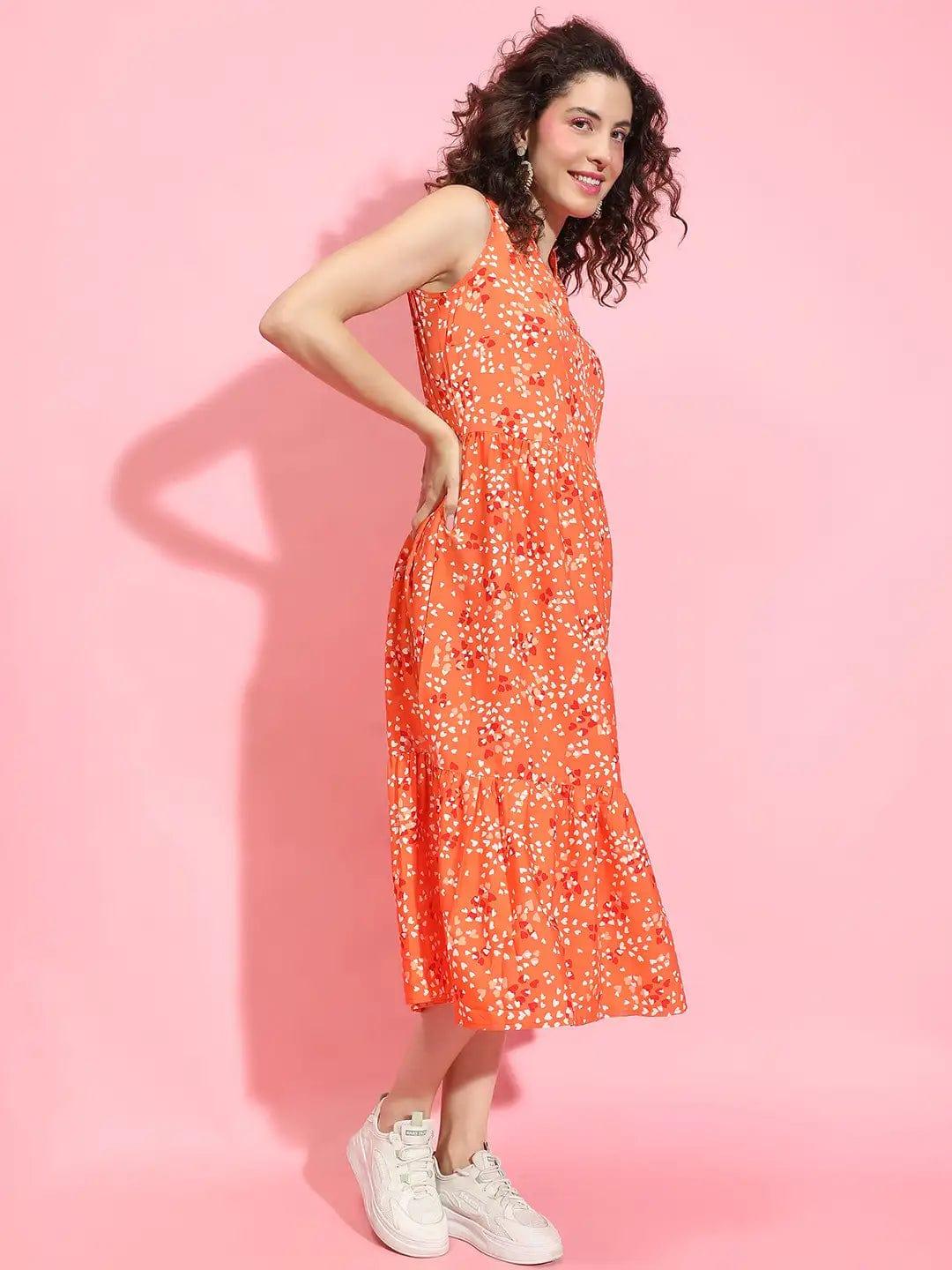 Zesty Orange Floral Print Flare Women Flounce Women Dress