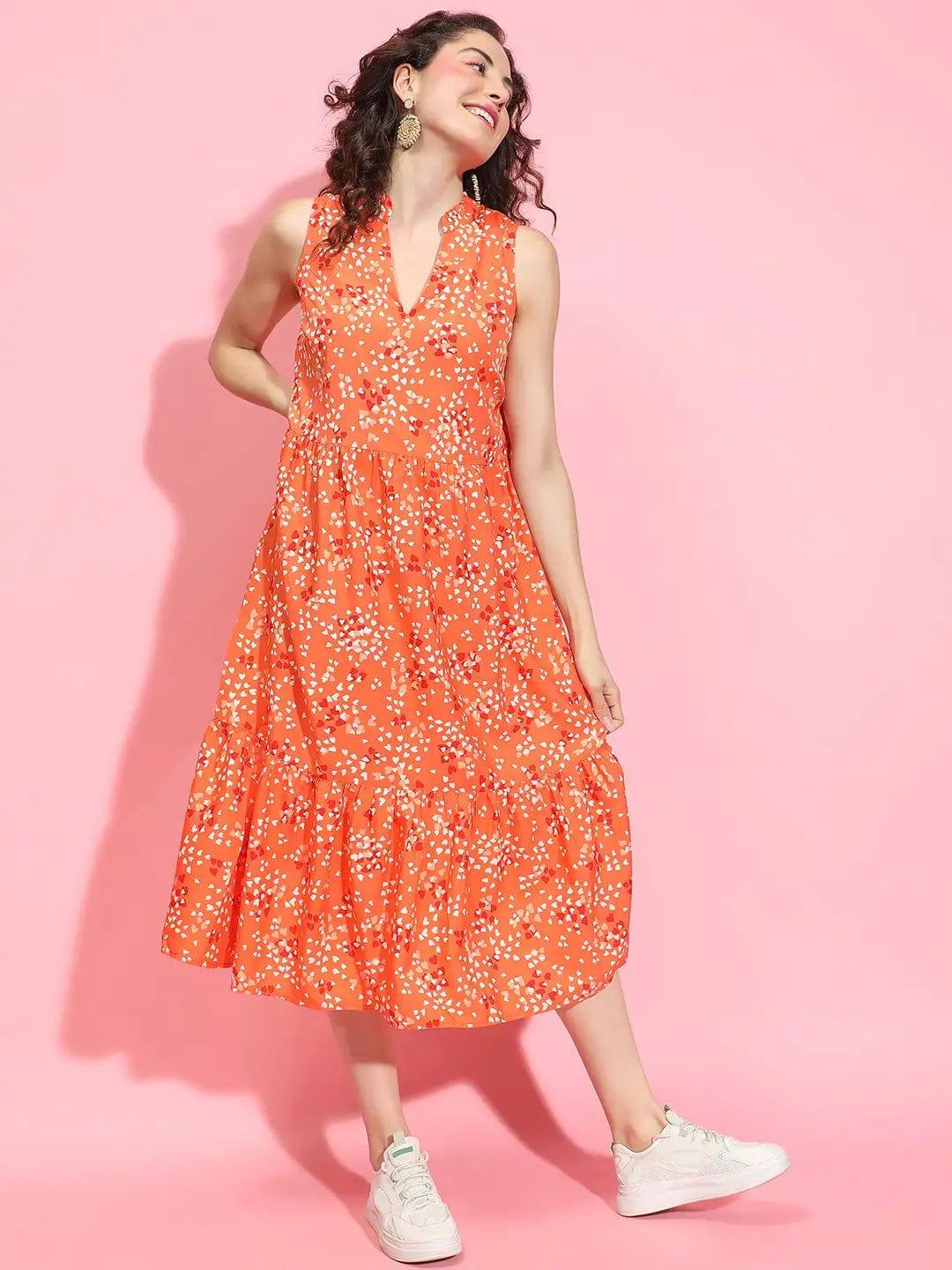 Zesty Orange Floral Print Flare Women Flounce Women Dress