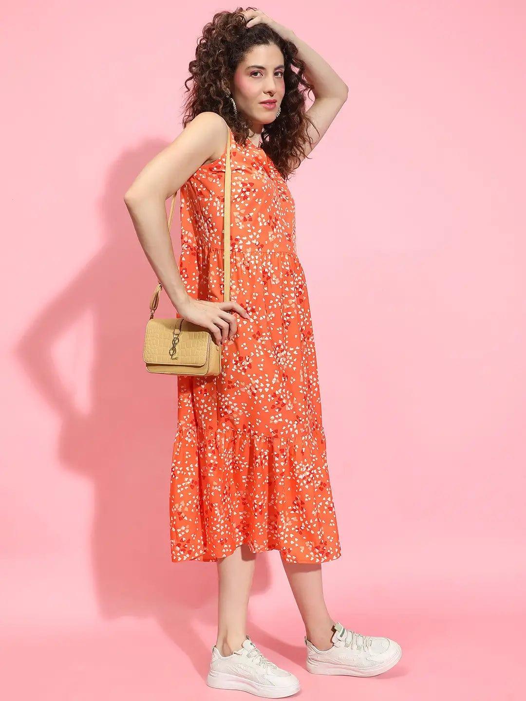 Zesty Orange Floral Print Flare Women Flounce Women Dress