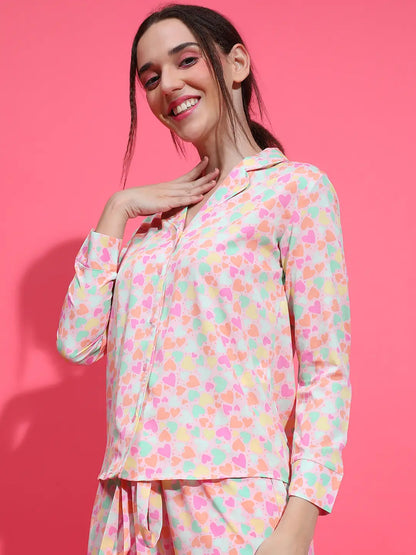 Dearly White Floral Print Long Sleeve Nightwear Shirt