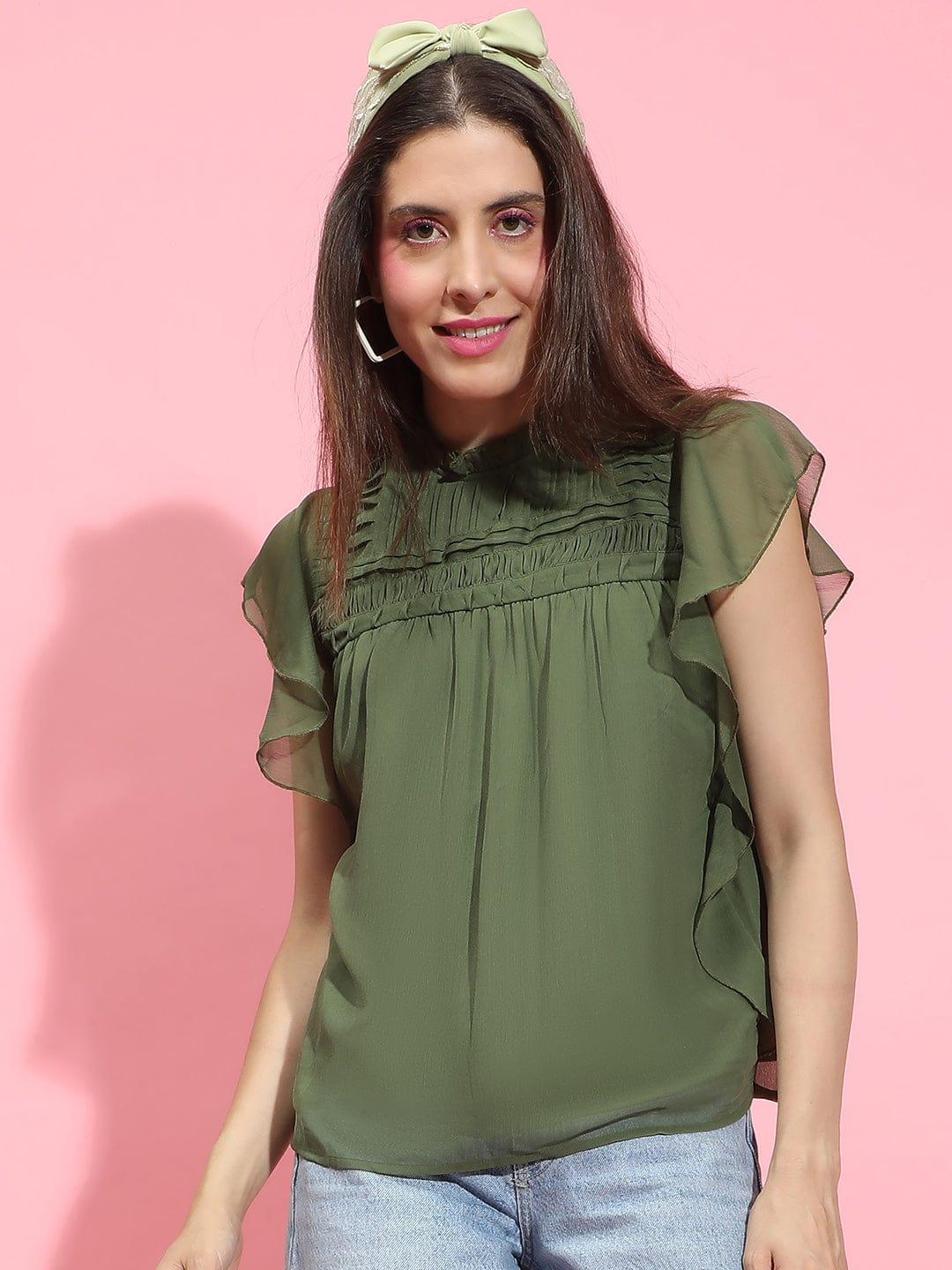 The Khaki Ruffle Styled Women Partywear Top