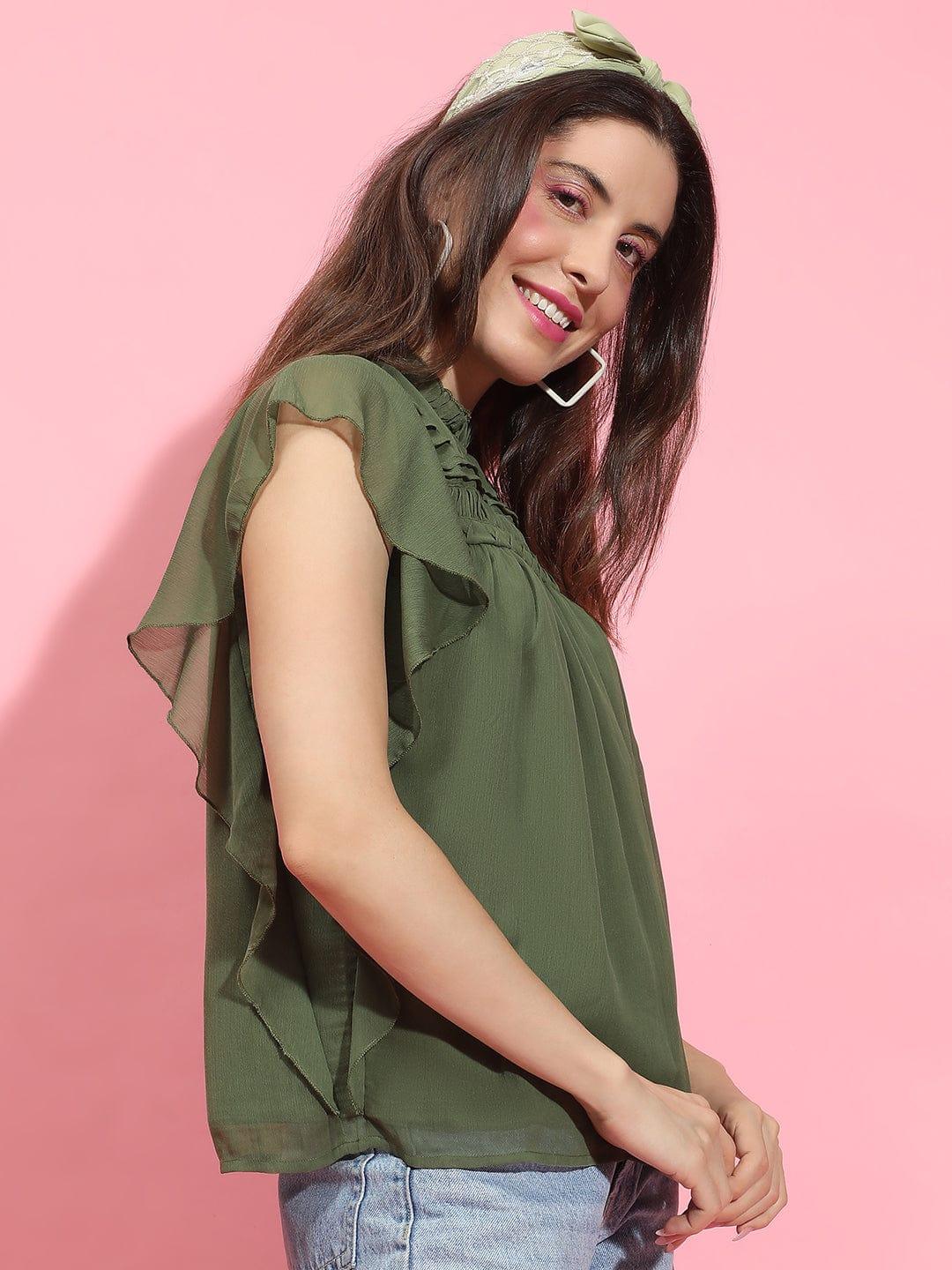 The Khaki Ruffle Styled Women Partywear Top