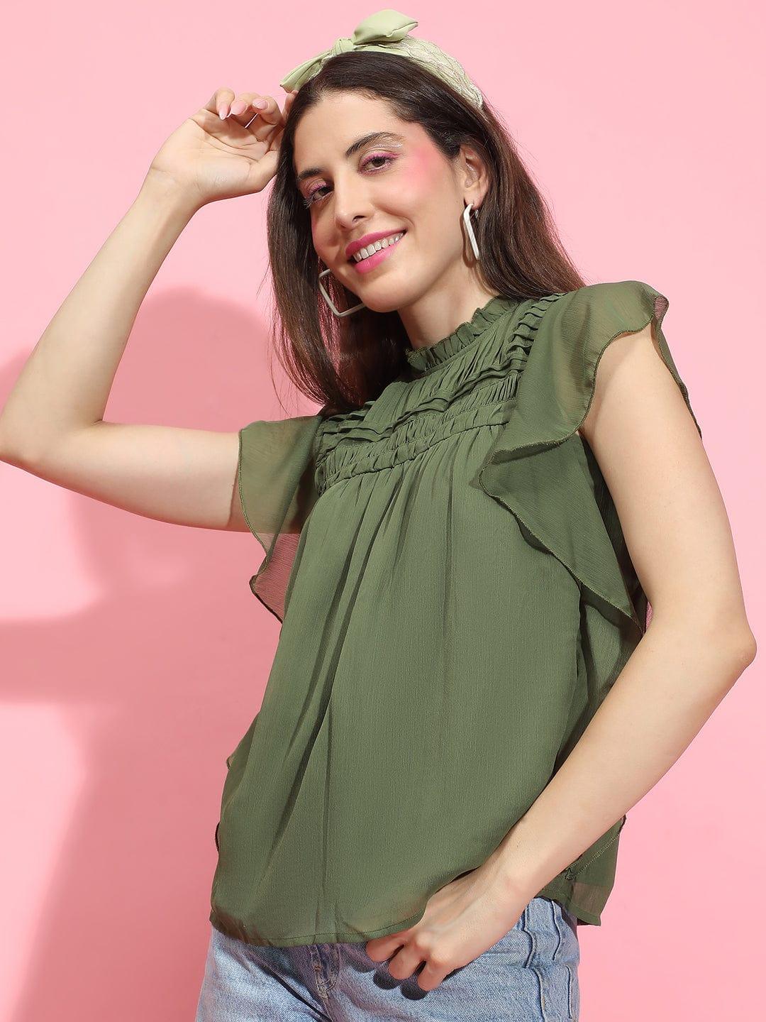 The Khaki Ruffle Styled Women Partywear Top