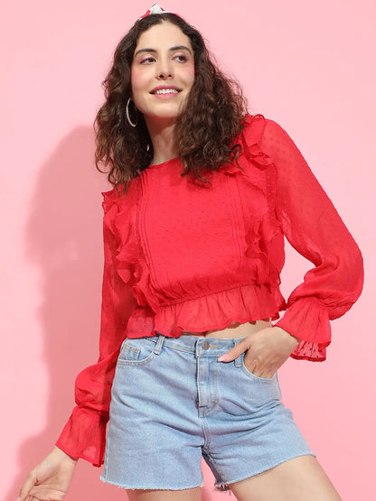 Roar Red Long Sleeve Round Neck Ruffle Style Top