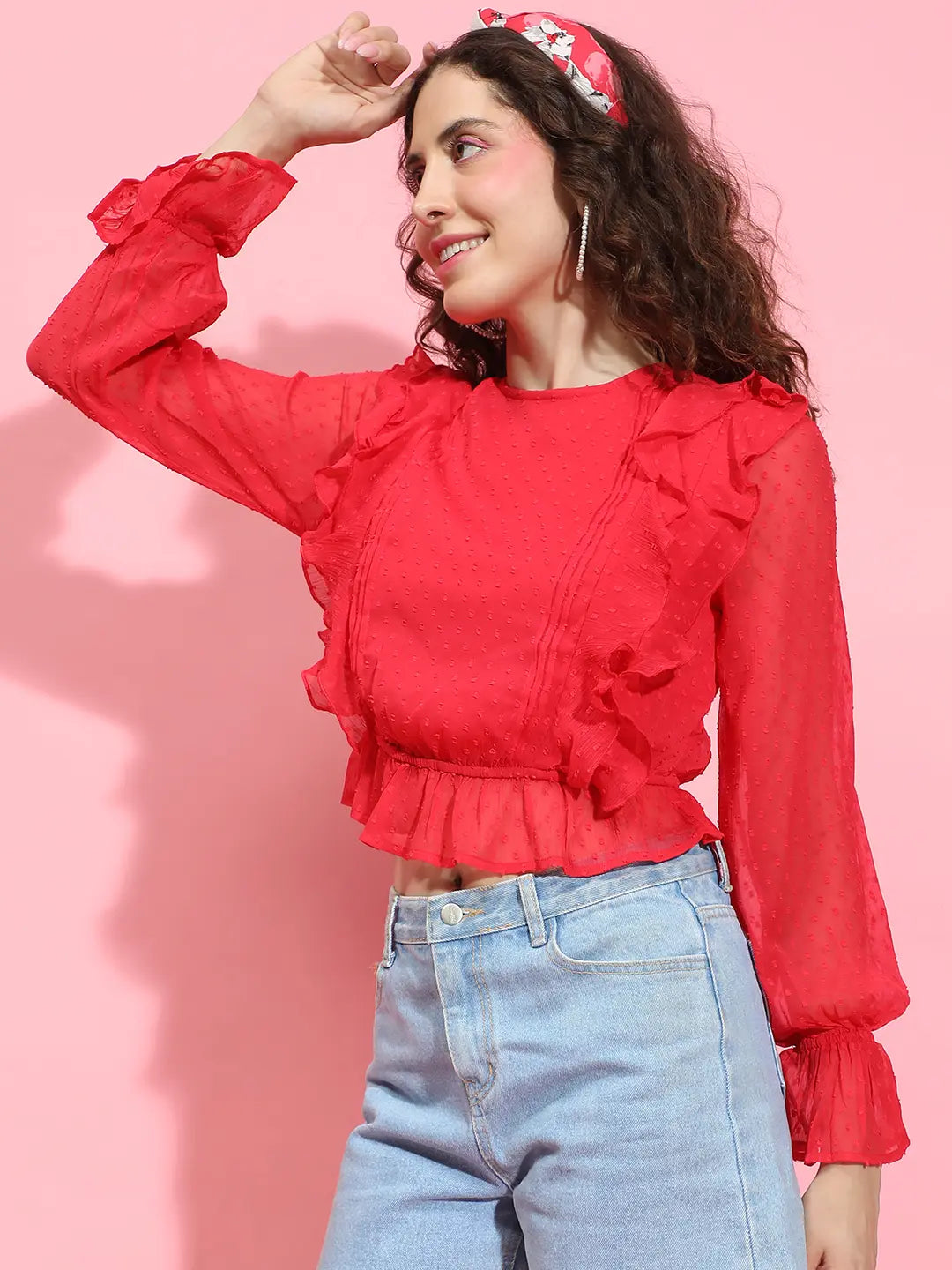 Roar Red Long Sleeve Round Neck Ruffle Style Top