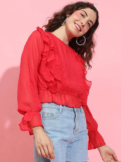 Roar Red Long Sleeve Round Neck Ruffle Style Top