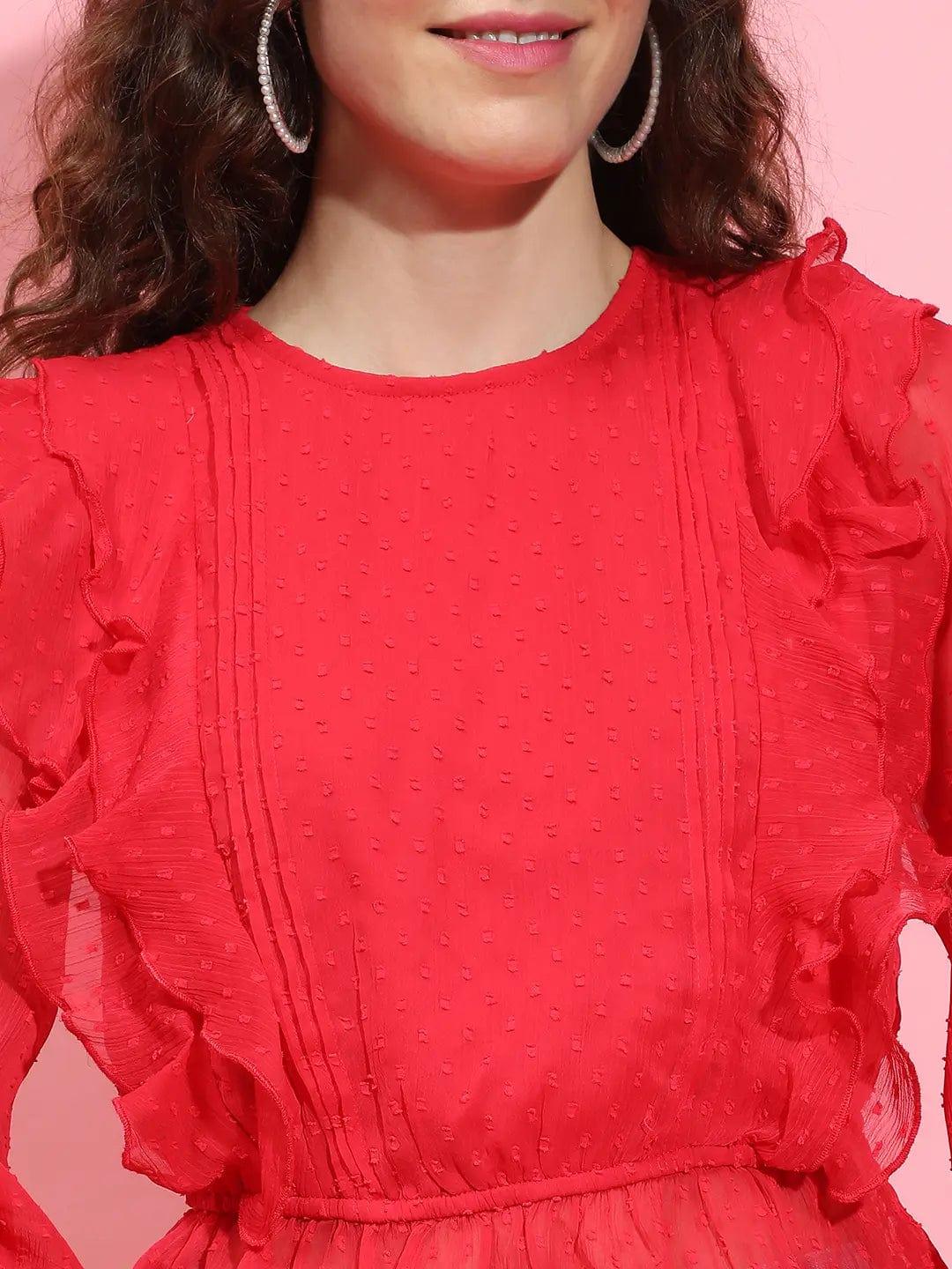 Roar Red Long Sleeve Round Neck Ruffle Style Top