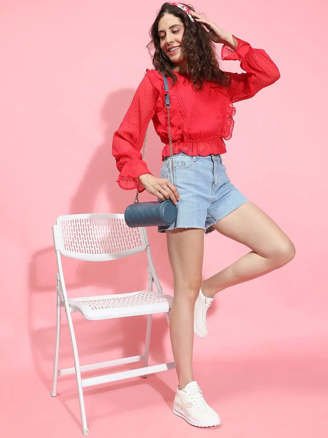 Roar Red Long Sleeve Round Neck Ruffle Style Top