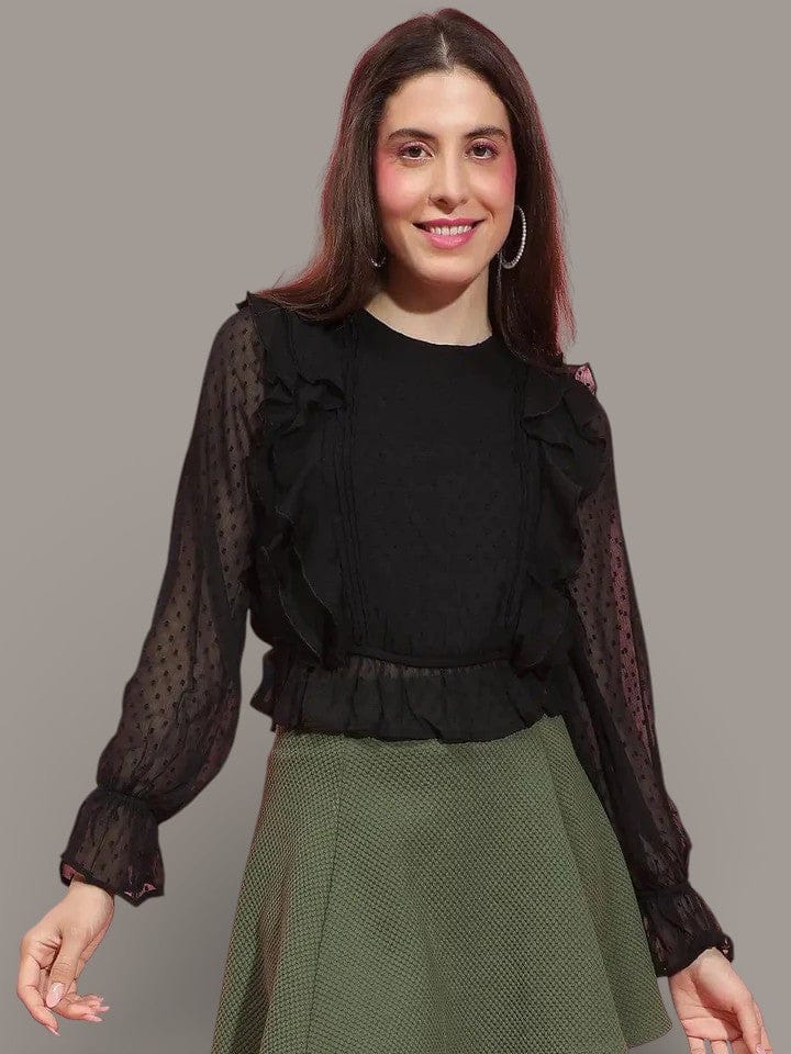 Black Ruffle Top - Long Sleeve Round Neck Blouse With Elegant Bell Sleeves