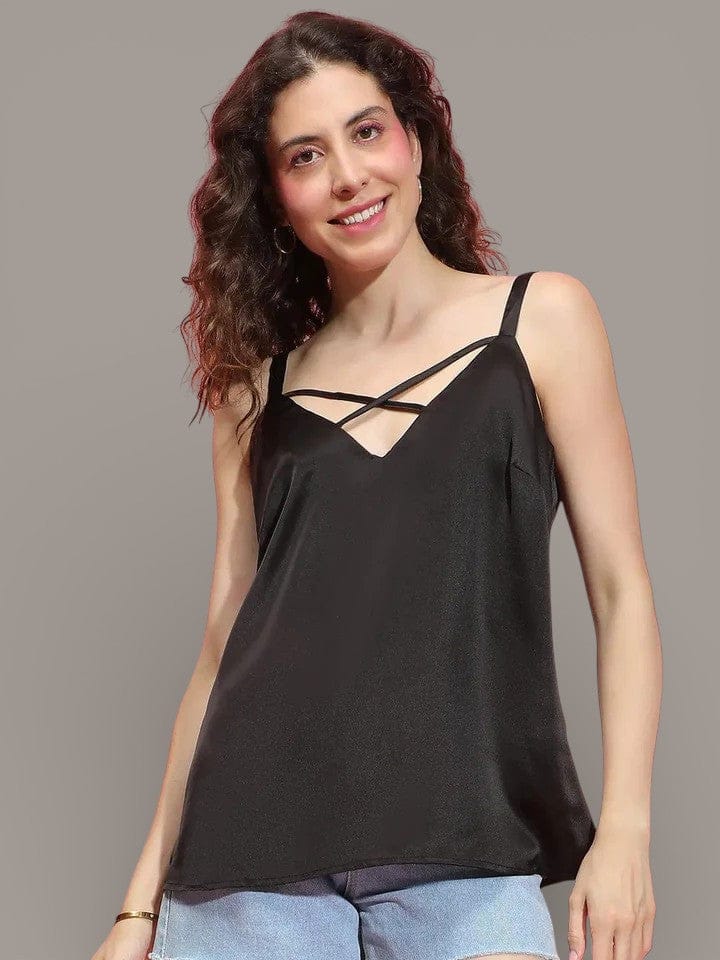Black Shoulder Strap Top - Criss-Cross Back Polyester Satin Crop Top for Women