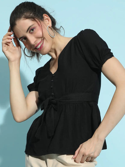 Quaint Black V Neck Short Sleeve Cotton Top