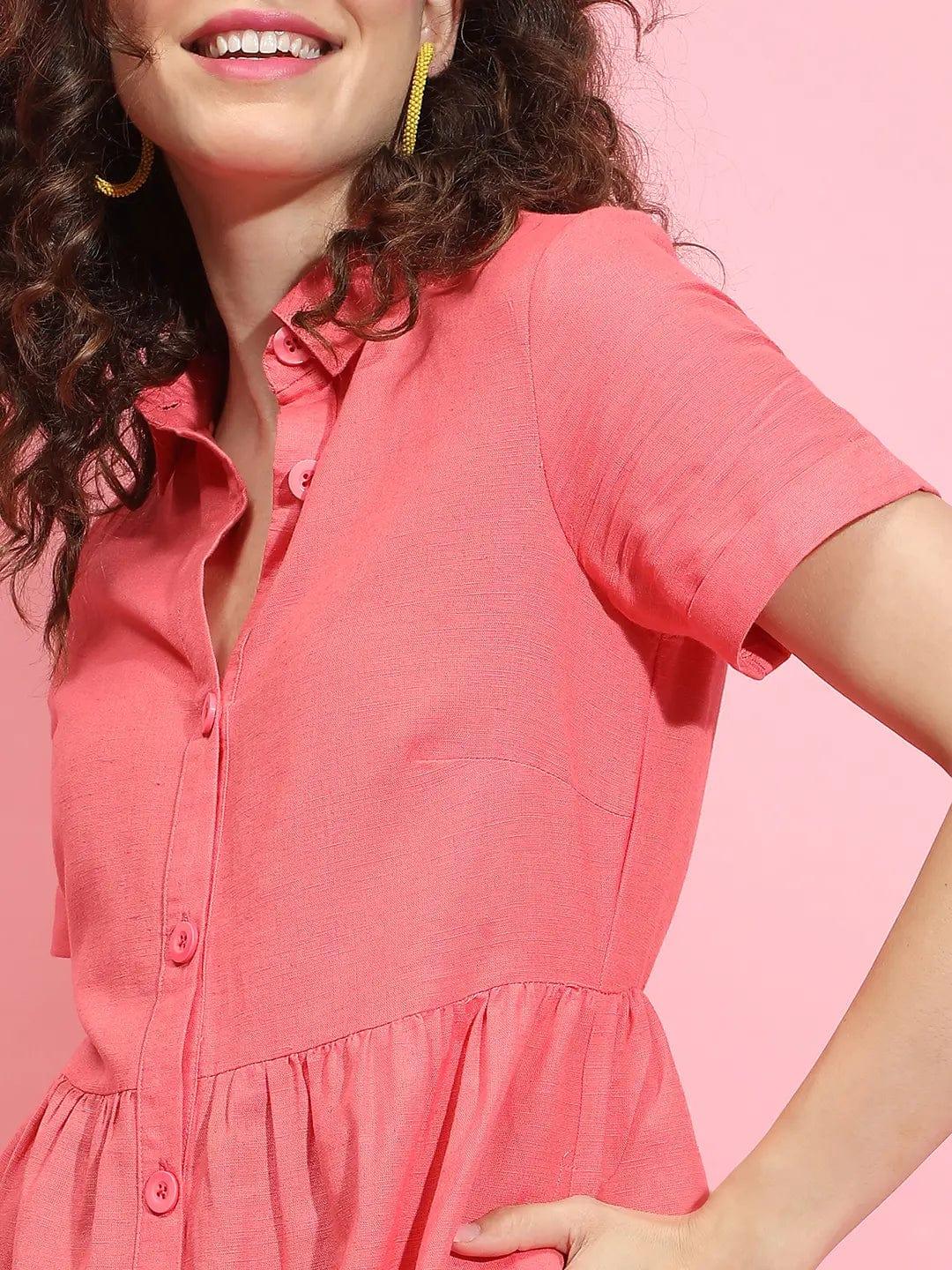 Easy Red Collared Button Down Cotton Women Dress