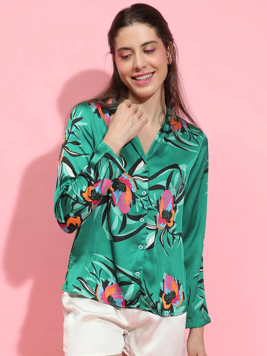 Multicolor floral print long sleeve women nightwear shirt