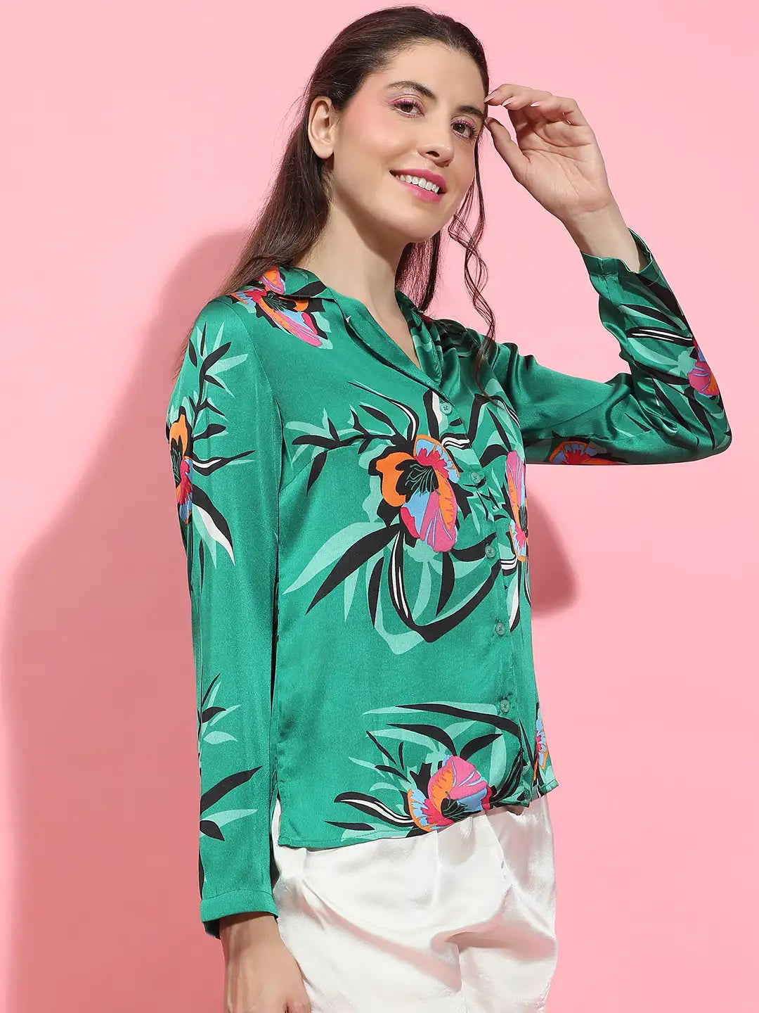 Multicolor floral print long sleeve women nightwear shirt