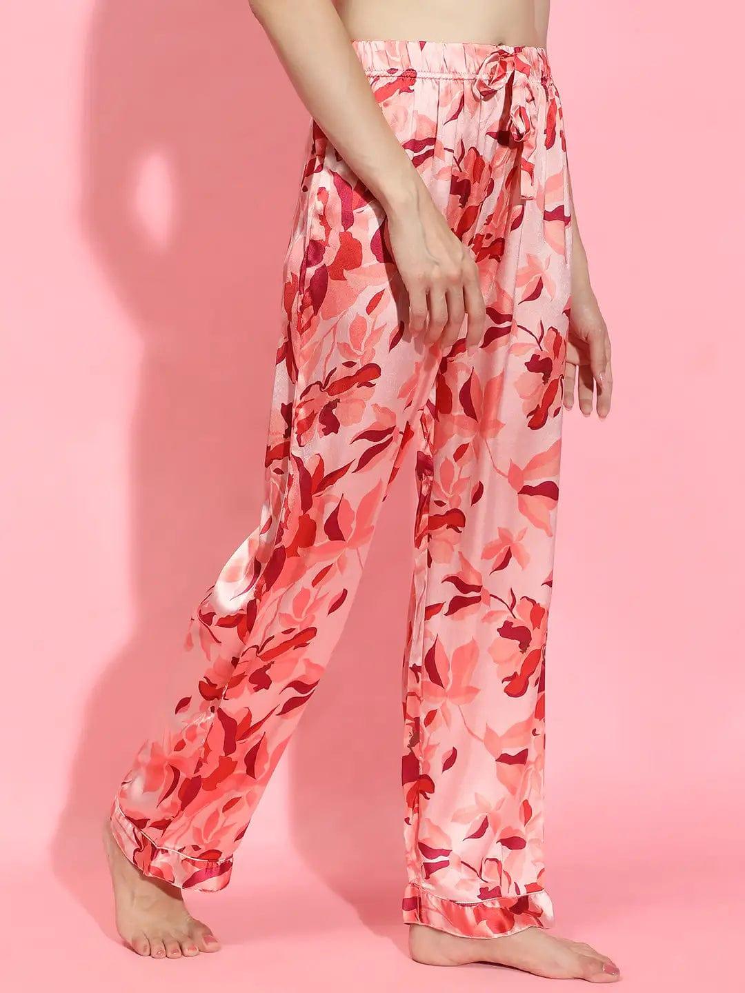 Women floral print elasticated Tie=knotted pink color nightwear satin Restful Pyjamas