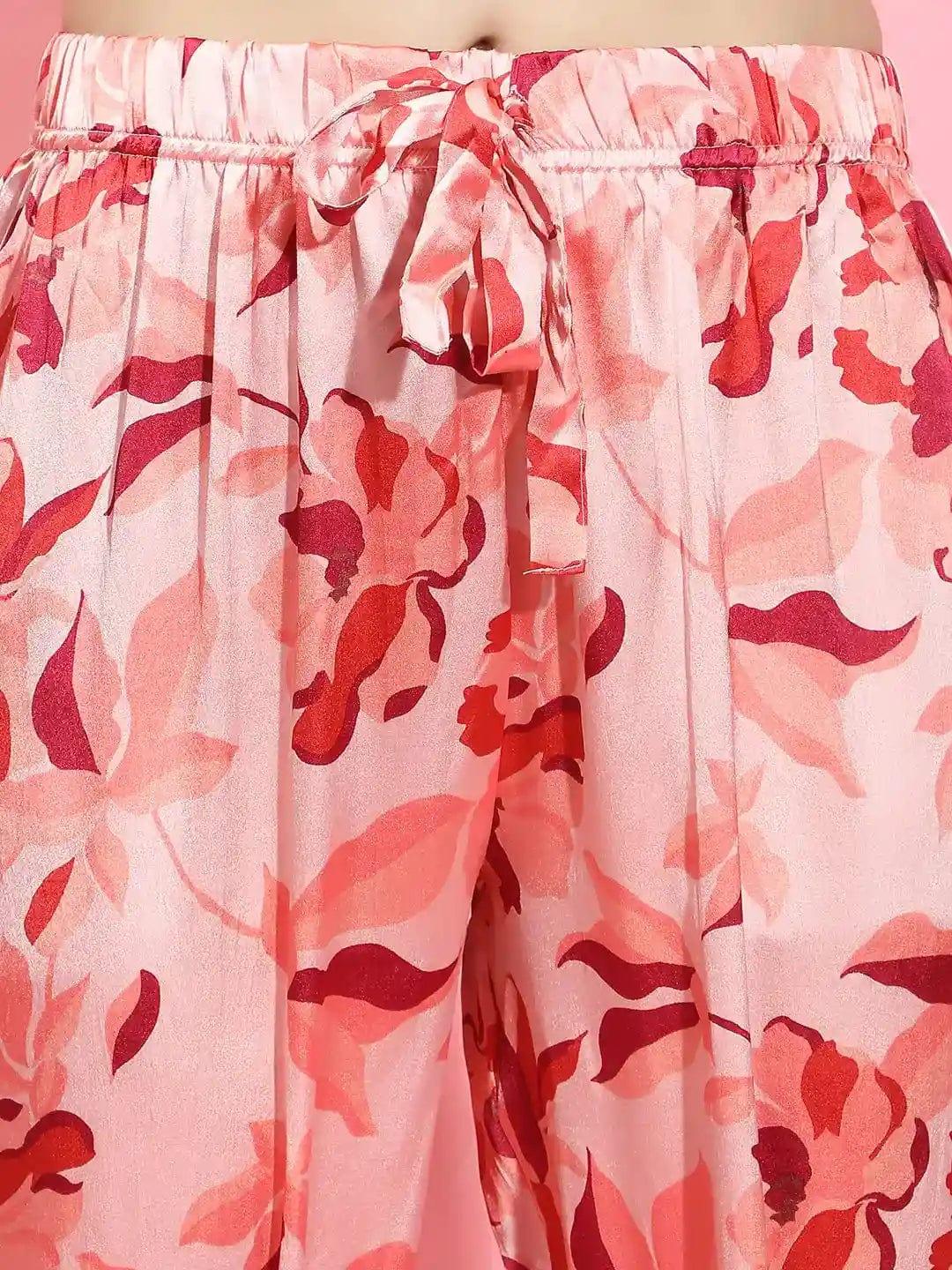 Women floral print elasticated Tie=knotted pink color nightwear satin Restful Pyjamas