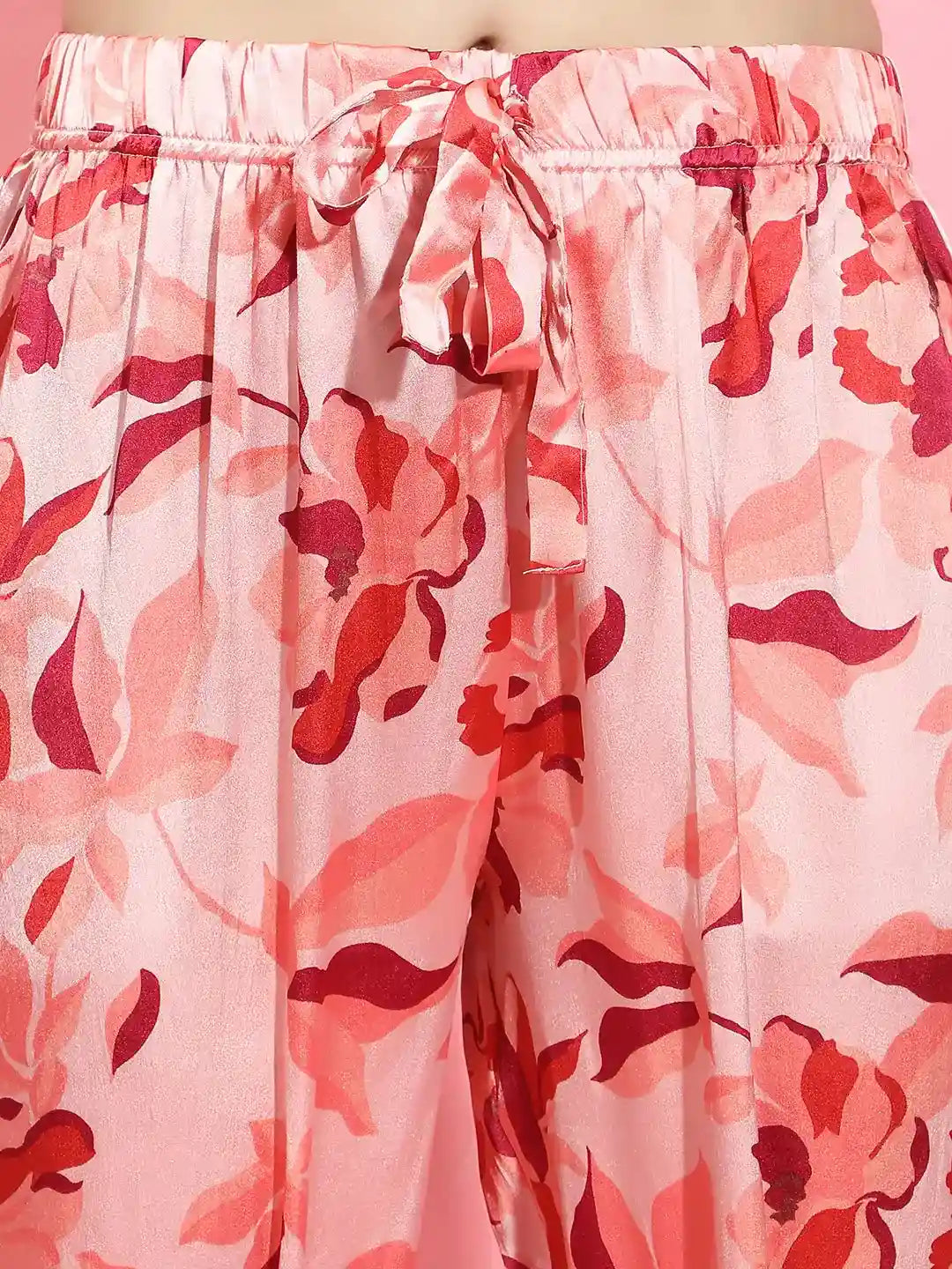 Women floral print elasticated Tie=knotted pink color nightwear satin pajama