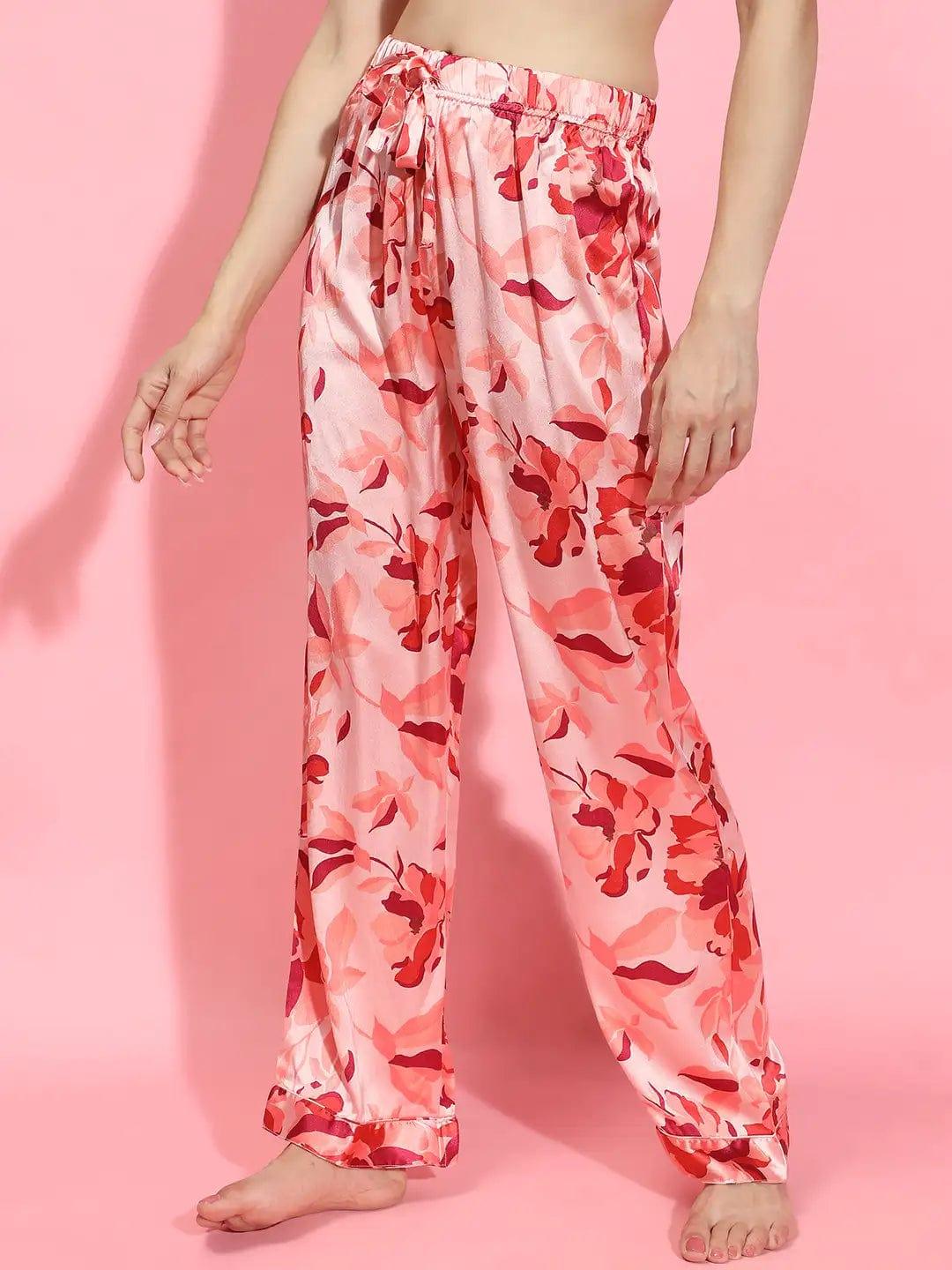 Women floral print elasticated Tie=knotted pink color nightwear satin Restful Pyjamas