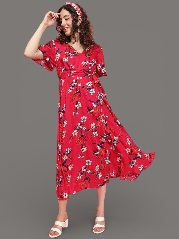 Red Floral Dress - Women's Belted Long Flare V-Neck Printed Summer Casual Dress