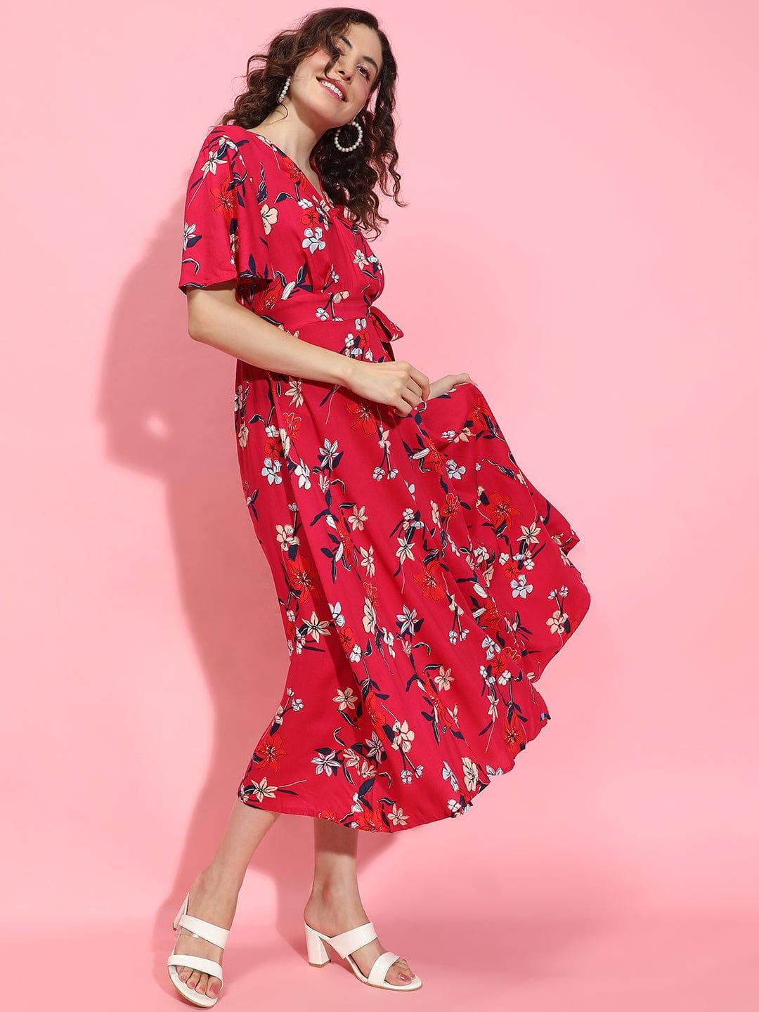 Tiara Red Floral Print Belted Long Flare Women Dress