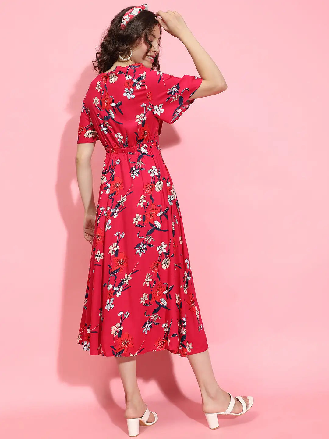 Tiara Red Floral Print Belted Long Flare Women Dress