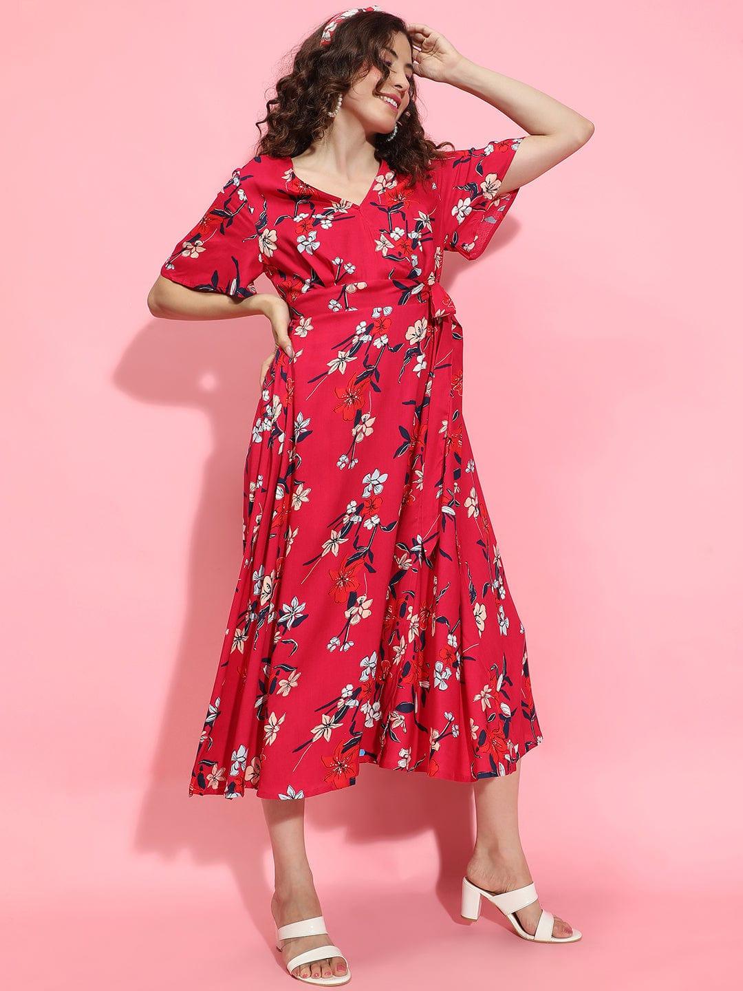 Tiara Red Floral Print Belted Long Flare Women Dress