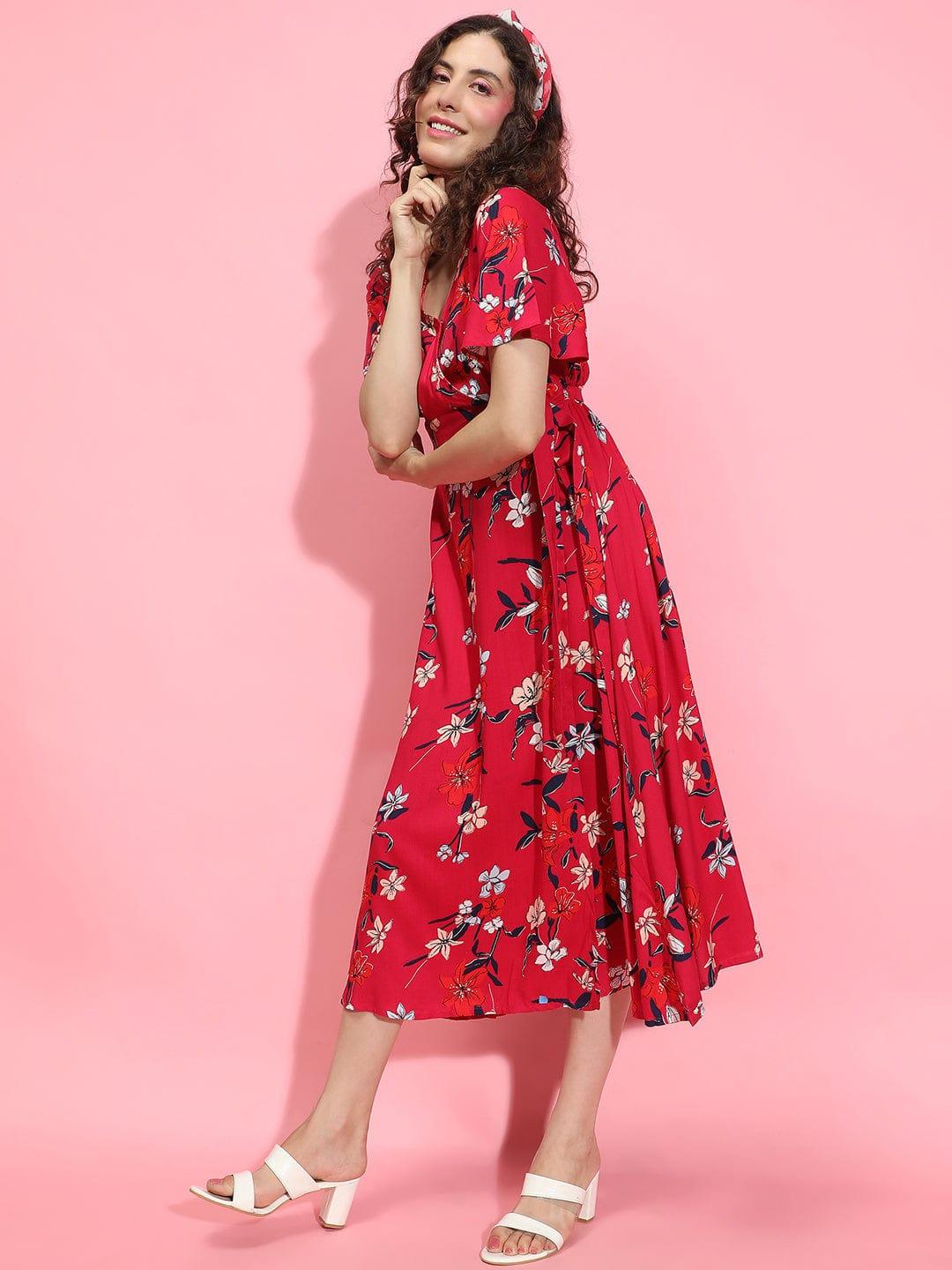 Tiara Red Floral Print Belted Long Flare Women Dress