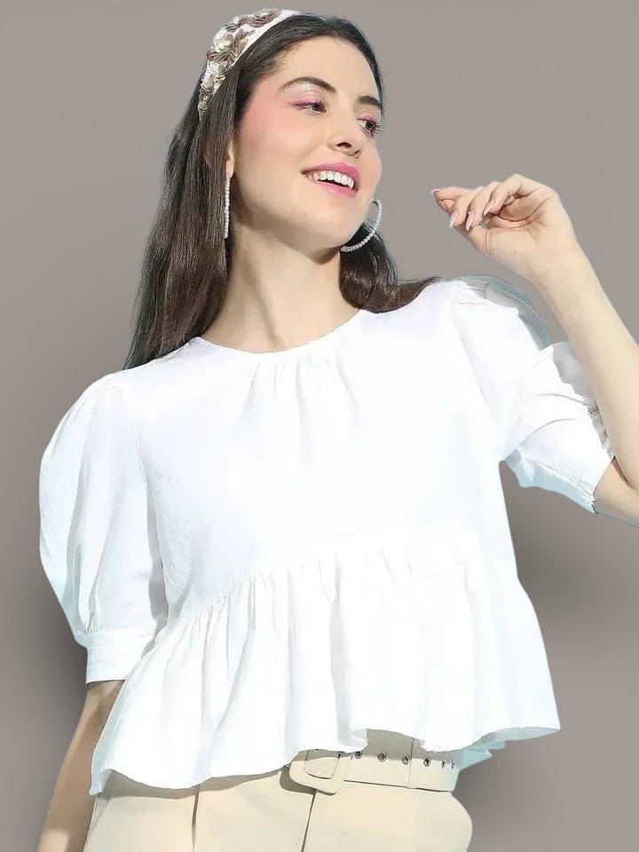 White Cotton Top - Women's Crop Tops With Classic Round Neckline, Breathable Soft Blouse