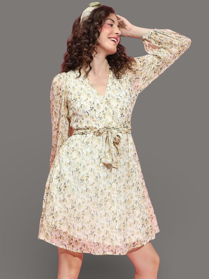 Floral Print Women Dress With Tie Knotted Belt - Long Sleeve Party Wear Outfit