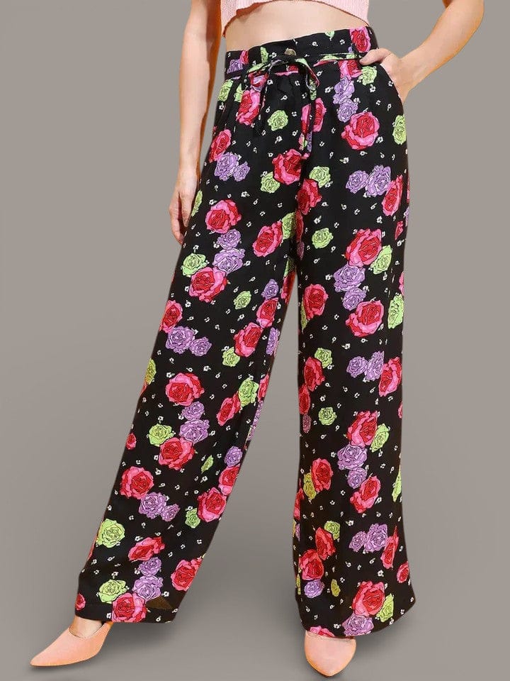Floral Fantasia Black Elasticated Adjustable String Women Trouser