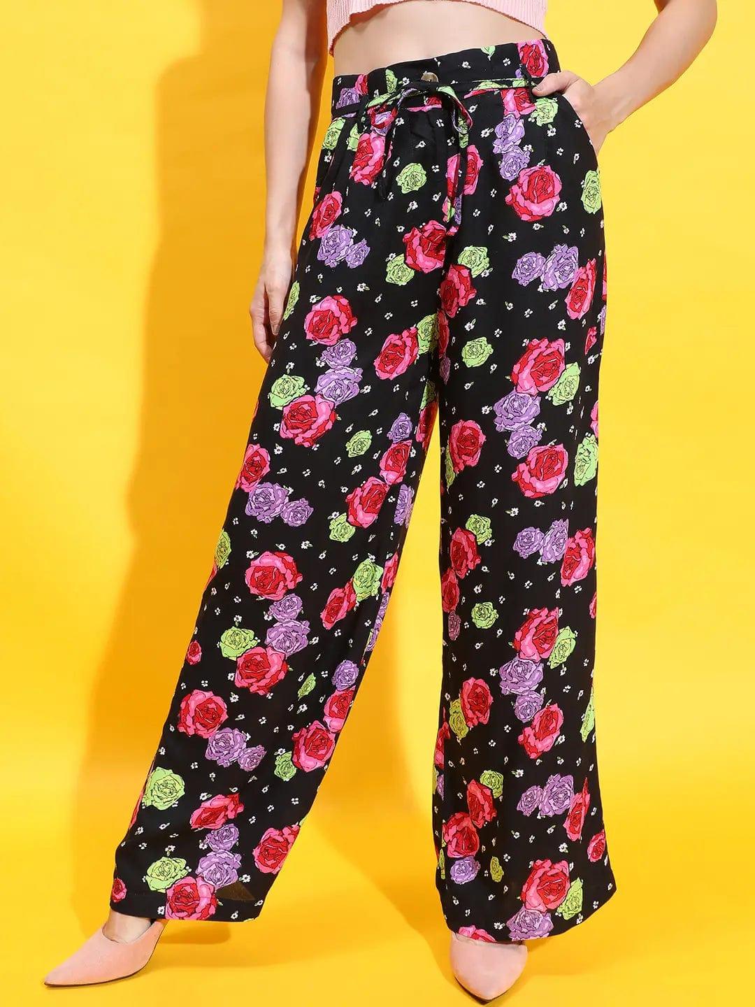 Floral Fantasia Black Elasticated Adjustable String Women Trouser