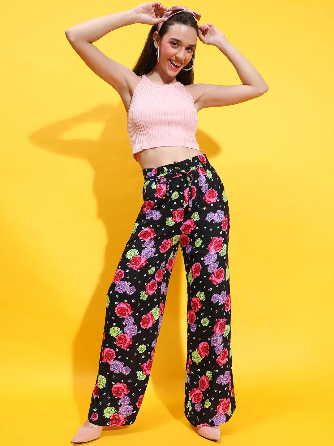 Floral Fantasia Black Elasticated Adjustable String Pant