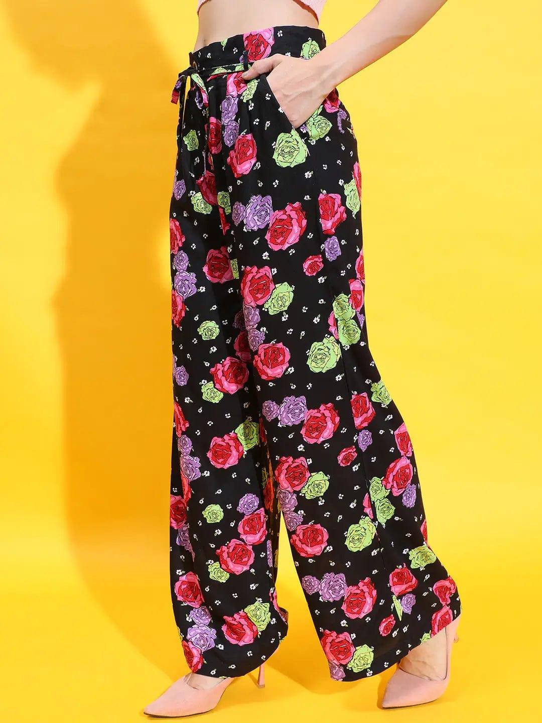 Floral Fantasia Black Elasticated Adjustable String Women Trouser