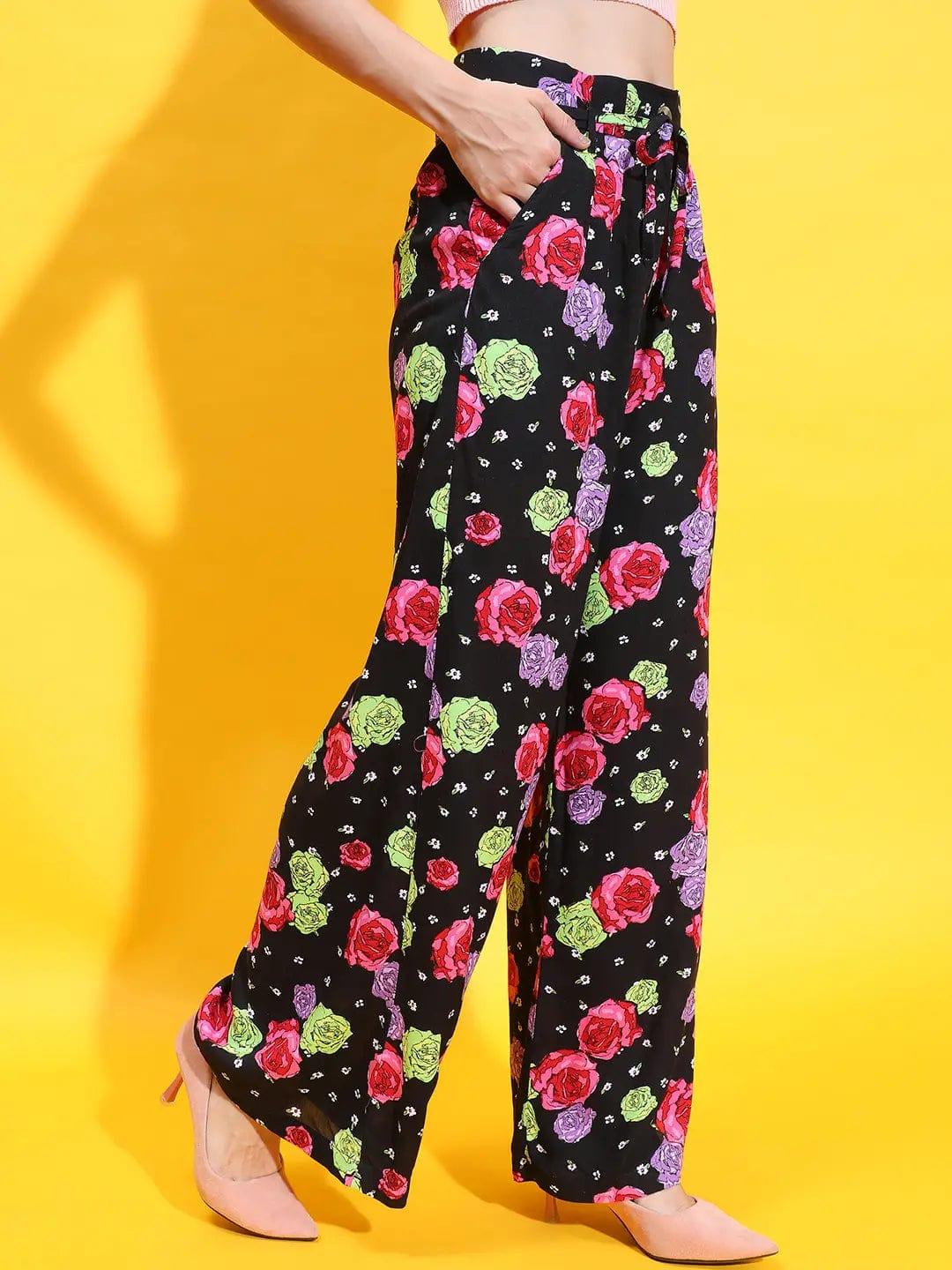 Floral Fantasia Black Elasticated Adjustable String Women Trouser