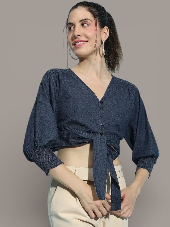 Cotton Denim Crop Top - Trendy Women's Blue Button Down Tie-Up Blouse