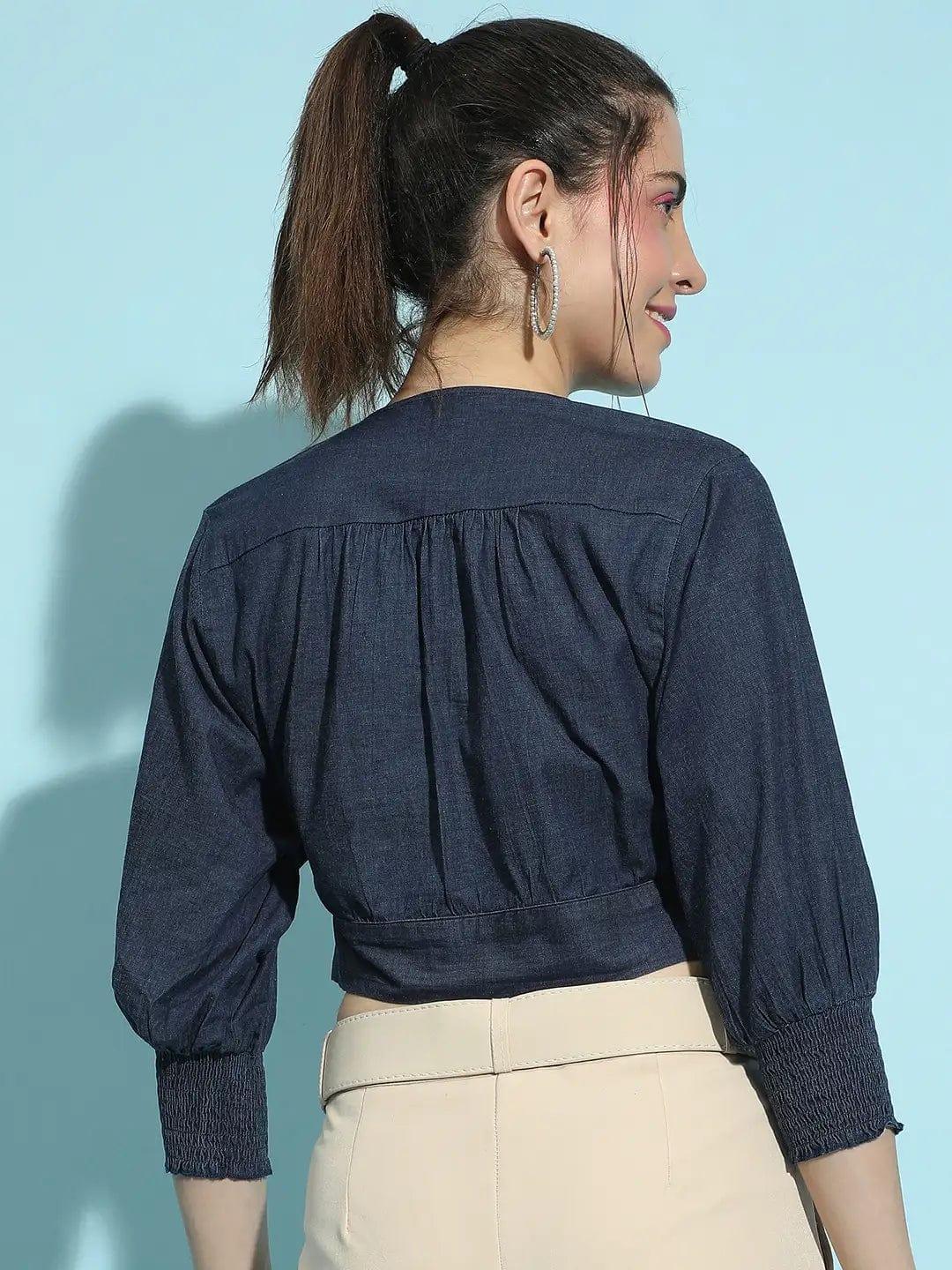 Trendy Button-Down Tie-Up Women Cotton Denim Top - oxolloxo