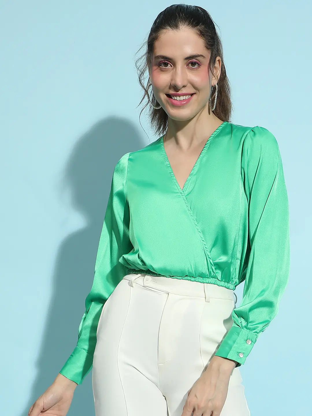 Emerald Green Elasticated Wrap Style Satin Crop Top