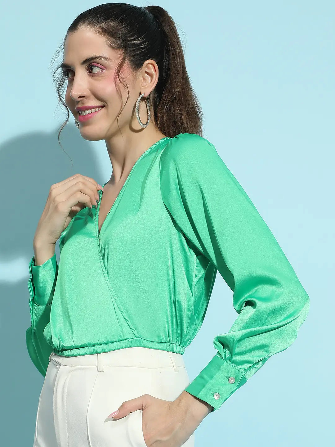 Emerald Green Elasticated Wrap Style Satin Crop Top