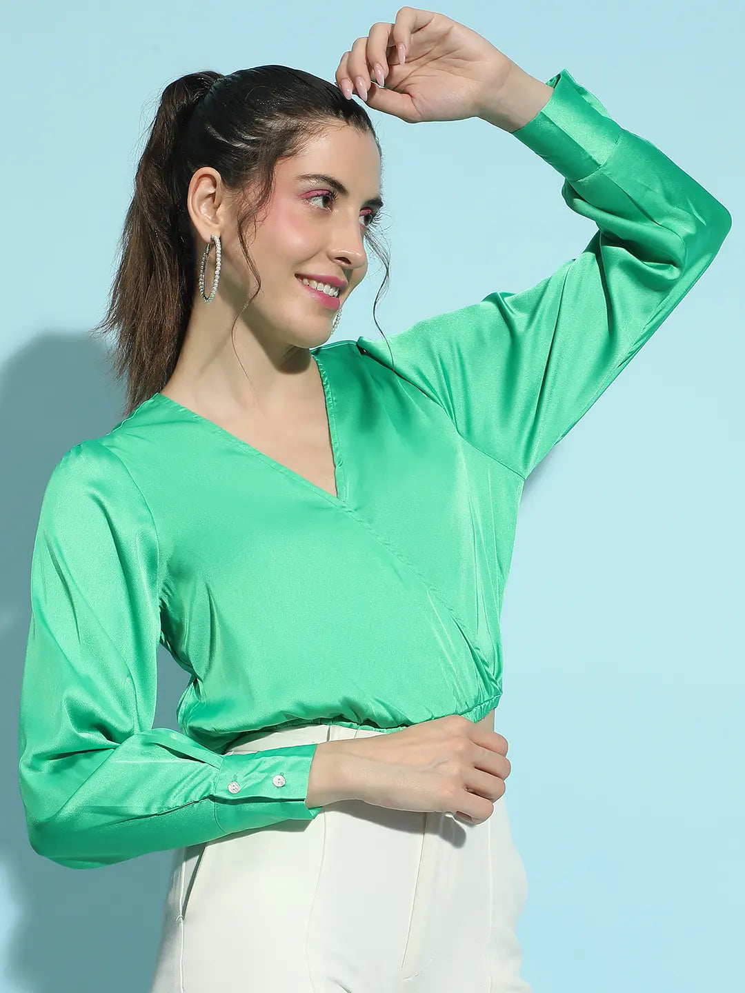 Emerald Green Elasticated Wrap Style Satin Crop Top