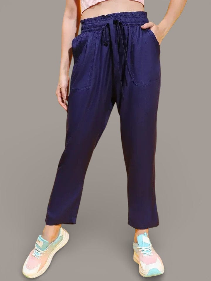 Sophisticated Blue Elasticated Tie-Knotted Casual Women Trouser
