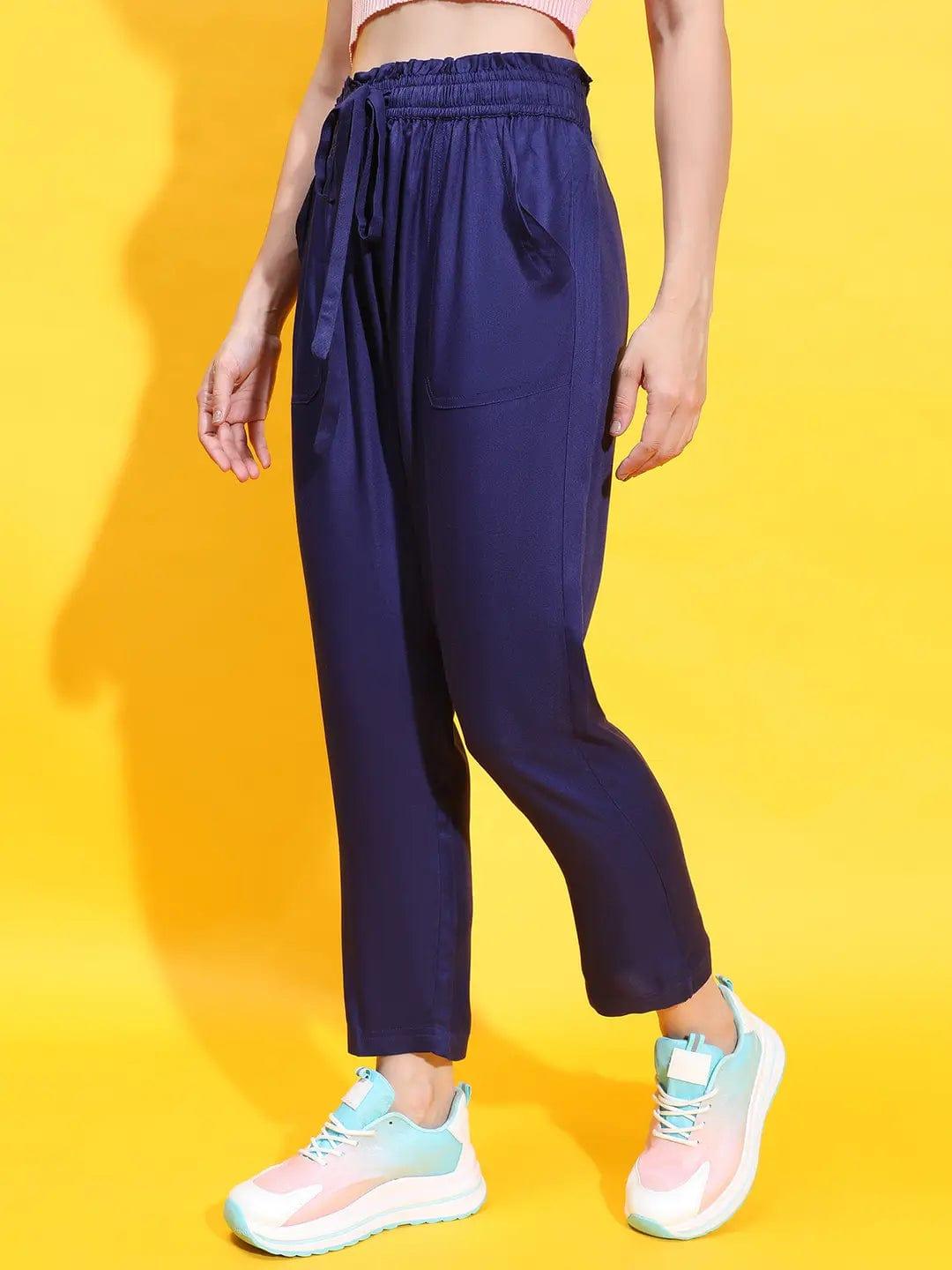 Sophisticated Blue Elasticated Tie-Knotted Casual Women Trouser