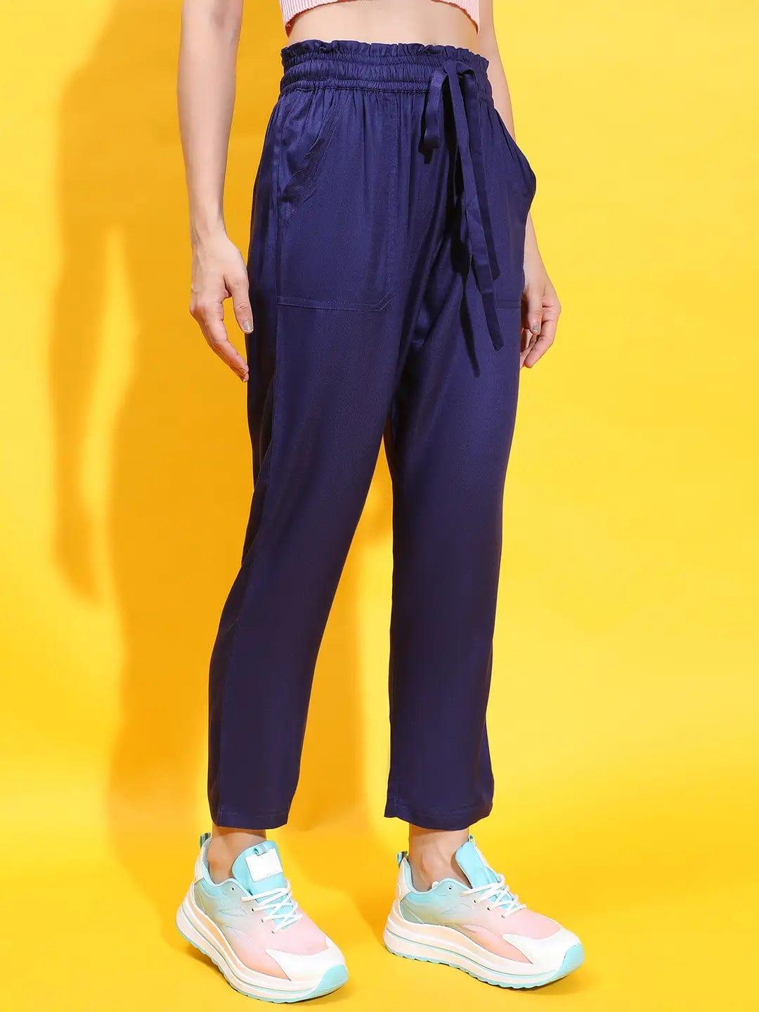 Sophisticated Blue Elasticated Tie-Knotted Casual Women Trouser