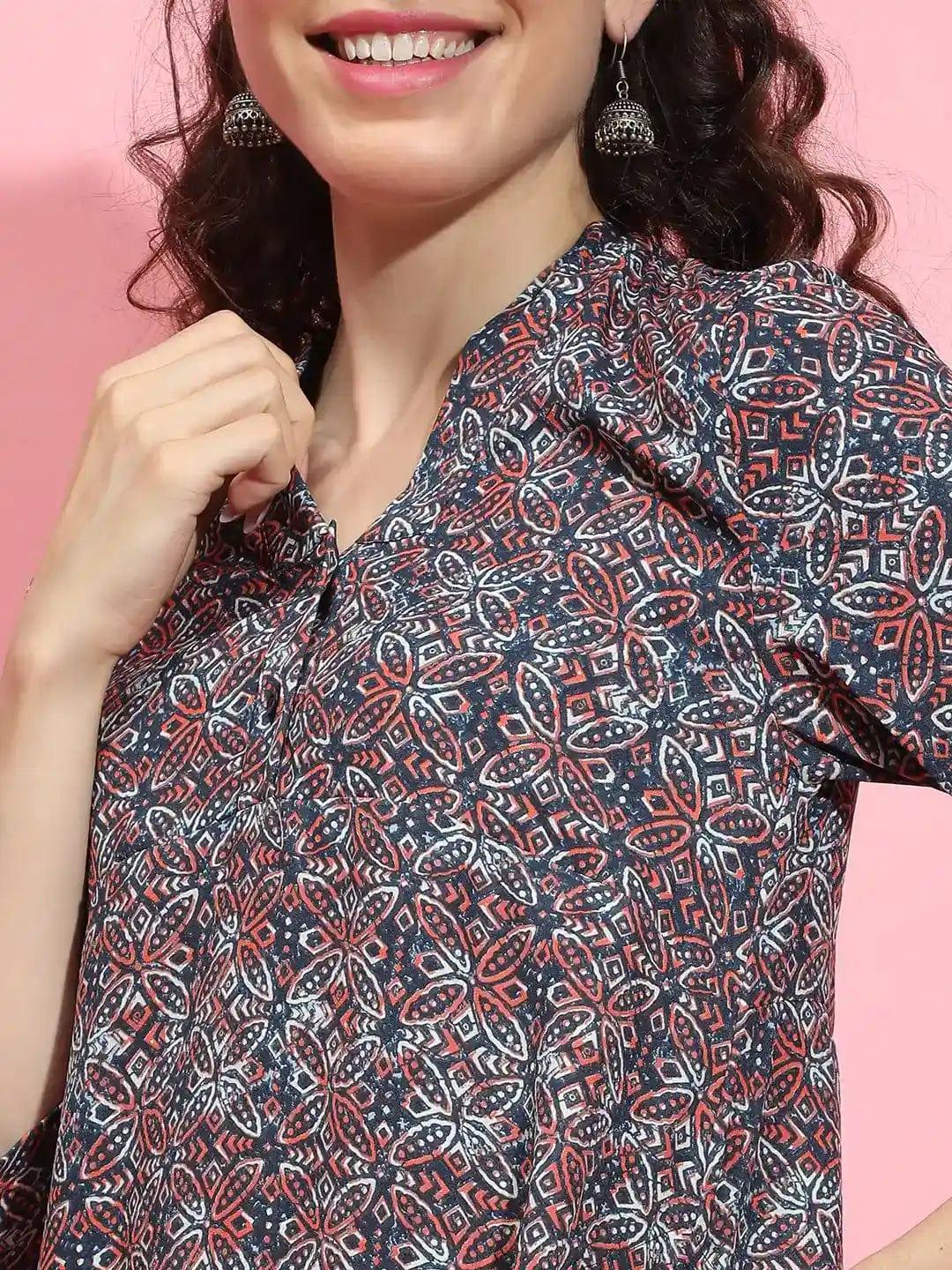 Multicolor Floral Print V-Neck 3/4 Sleeve Tunic for Women of All Ages - oxolloxo
