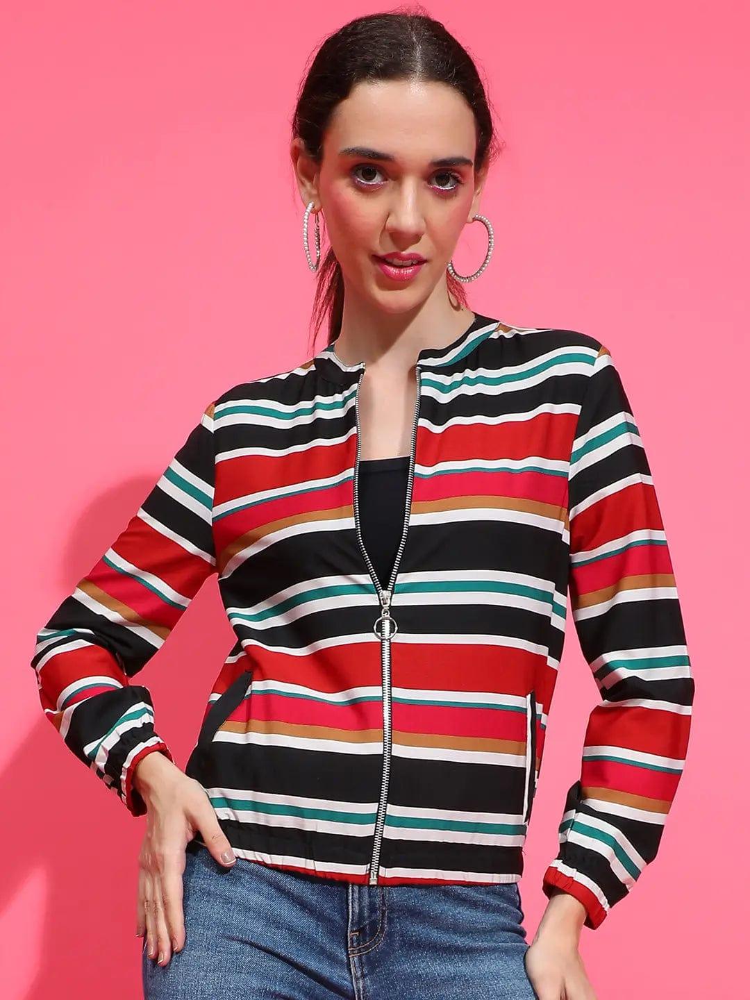 Multicolor Stripe Print Round Neck Long Sleeve Bomber Jacket