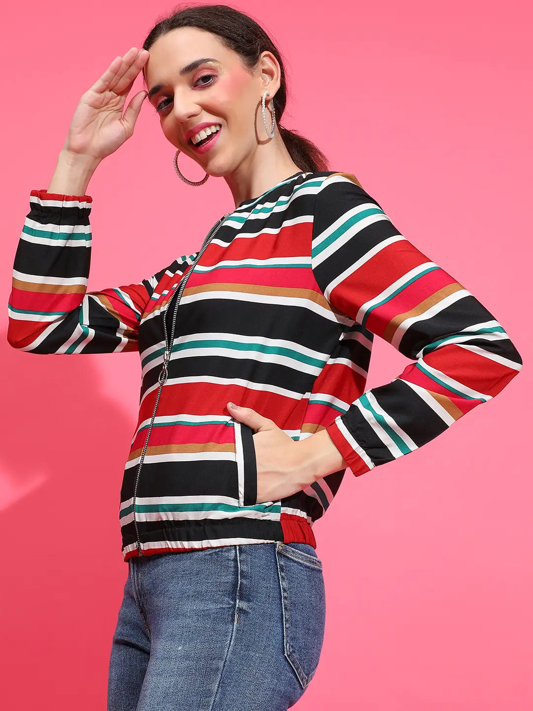 Multicolor Stripe Print Round Neck Long Sleeve Bomber Jacket