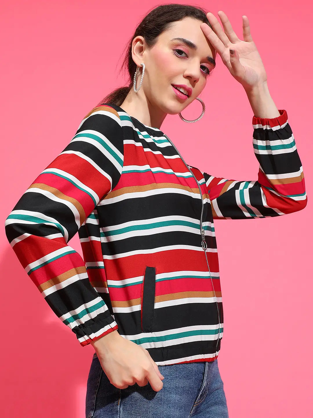 Multicolor Stripe Print Round Neck Long Sleeve Bomber Jacket