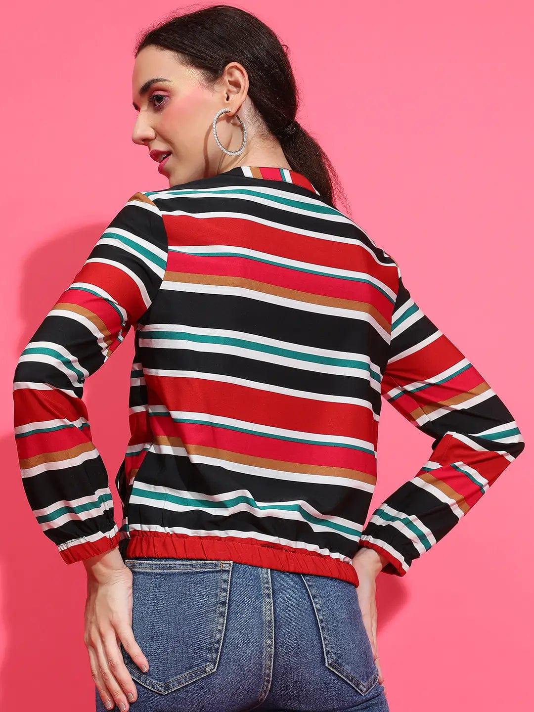 Multicolor Stripe Print Round Neck Long Sleeve Bomber Jacket