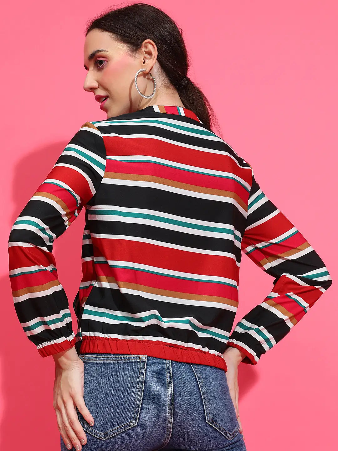 Multicolor Stripe Print Round Neck Long Sleeve Bomber Jacket