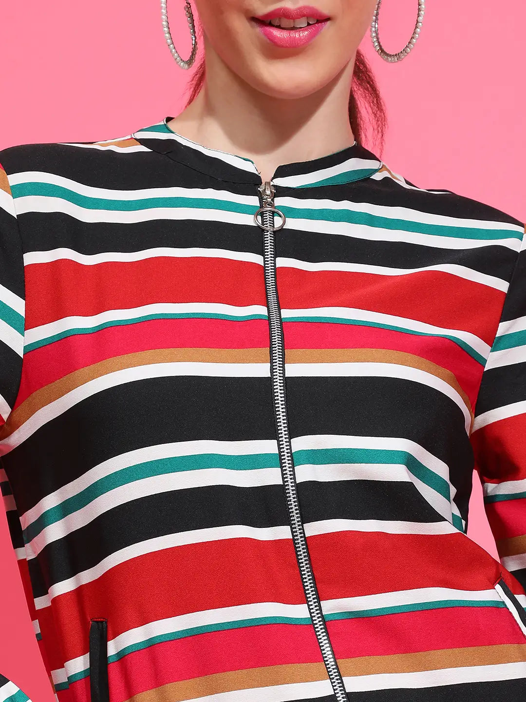 Multicolor Stripe Print Round Neck Long Sleeve Bomber Jacket