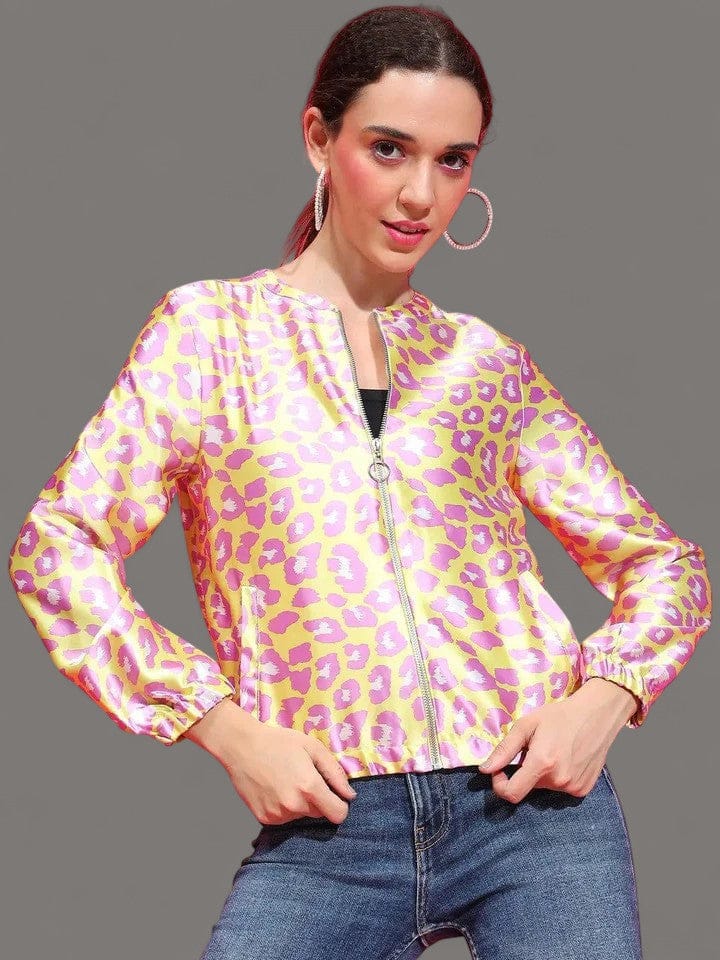Yellow Animal Print Round Neck Long Sleeve Winter Wear Bomber Jacket